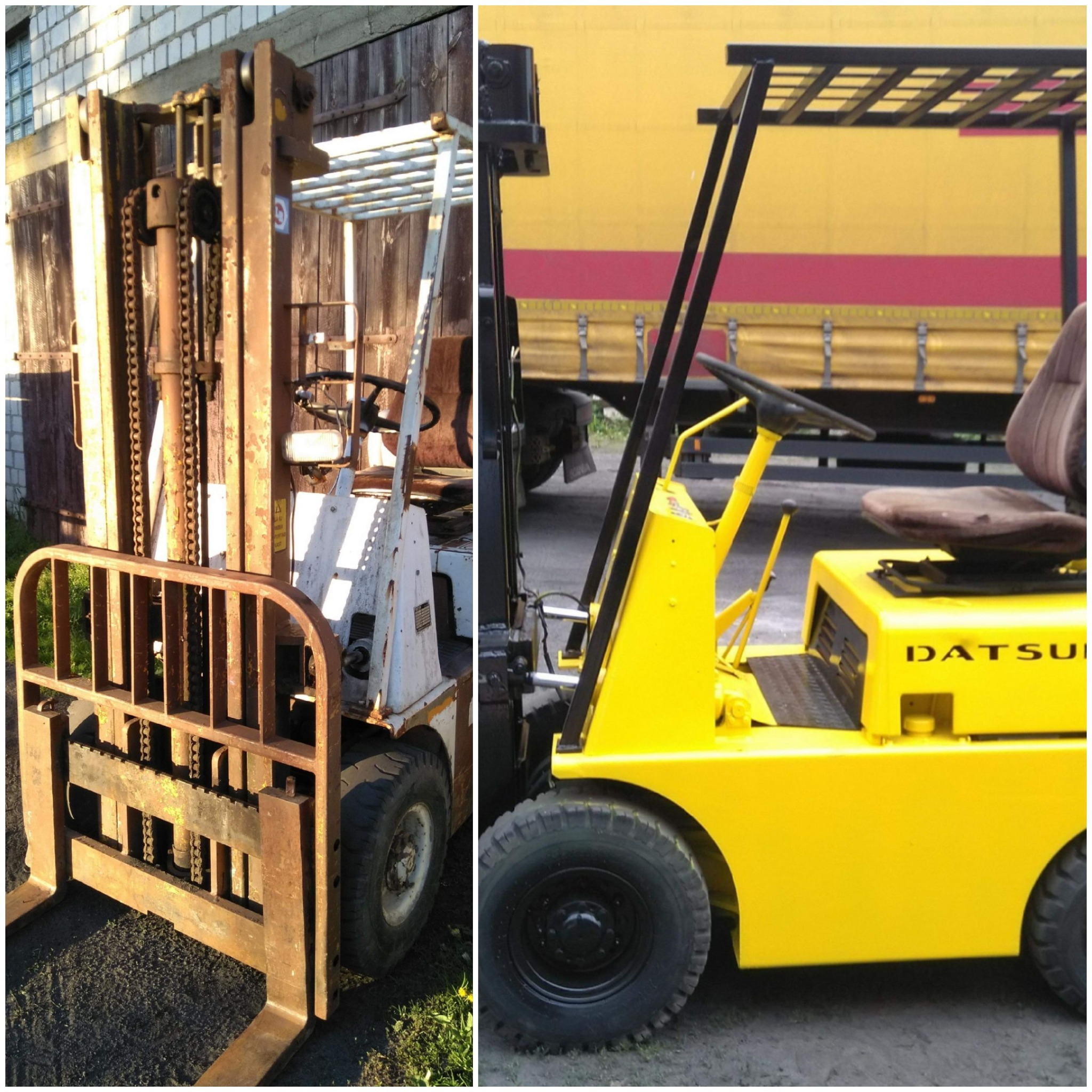 Porównanie dwóch wózków widłowych: stary, zardzewiały i nowy, pomalowany na żółto z czarnymi elementami, na tle budynku i przyczepy ciężarowej.