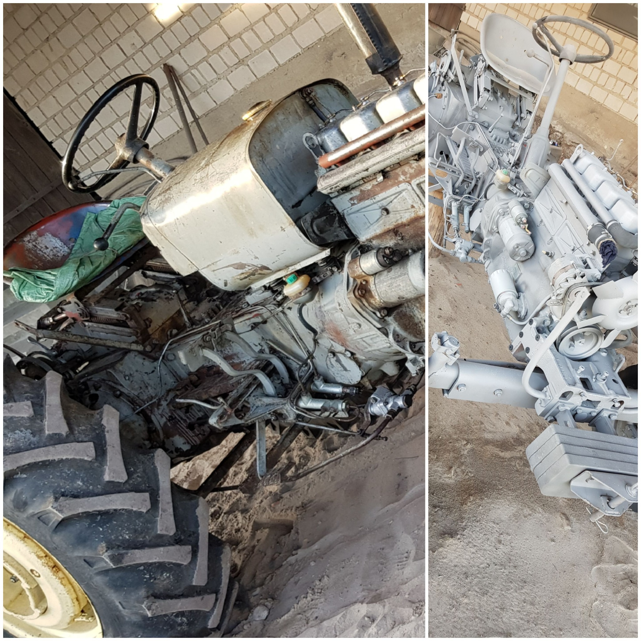 Porównanie stanu traktora przed i po renowacji: zardzewiałe elementy i nowa szara powłoka, ukazujące proces odnowy.