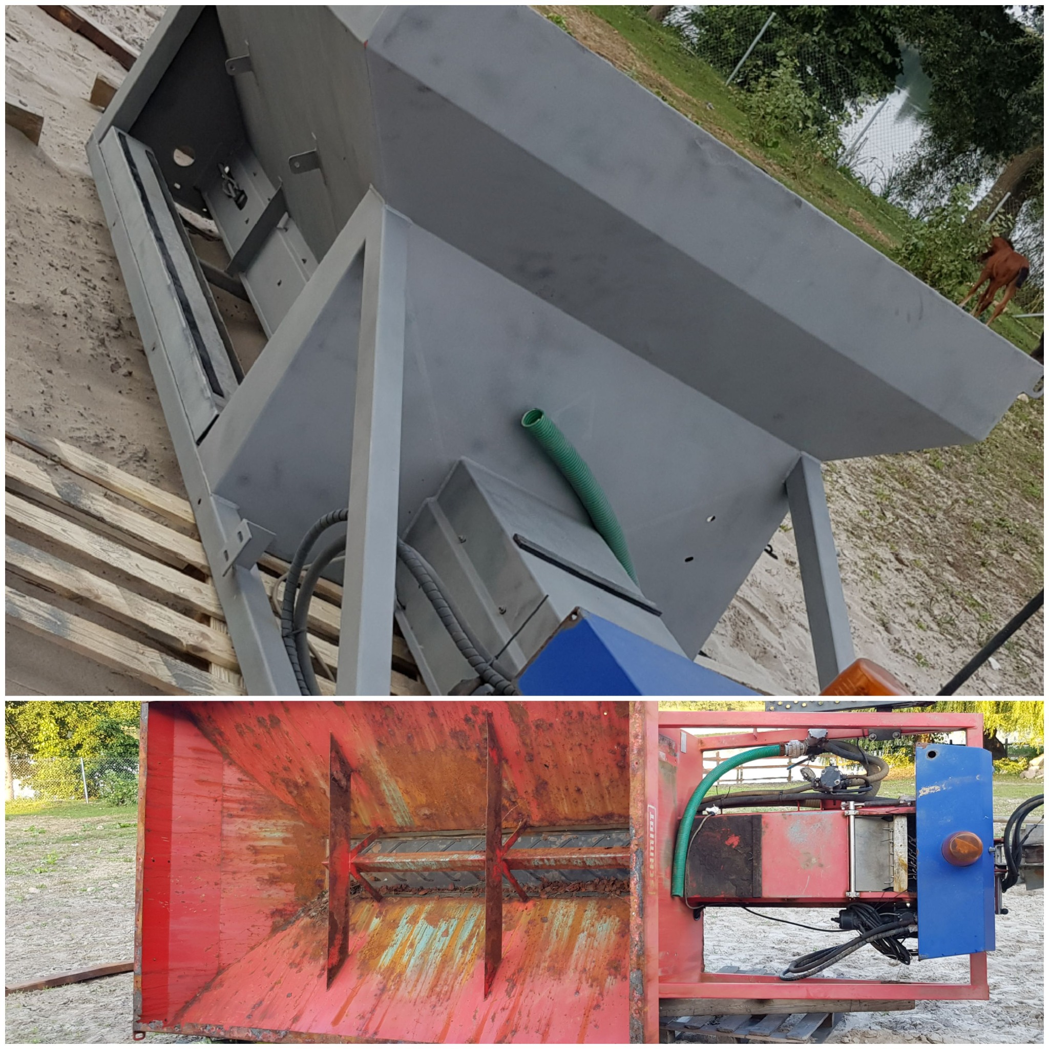 Dwu-panelowe ujęcie urządzenia: górny panel przedstawia metalową konstrukcję po piaskowaniu i malowaniu na szaro, umieszczoną na palecie; dolny panel ukazuje mocno zardzewiałą czerwoną konstrukcję...