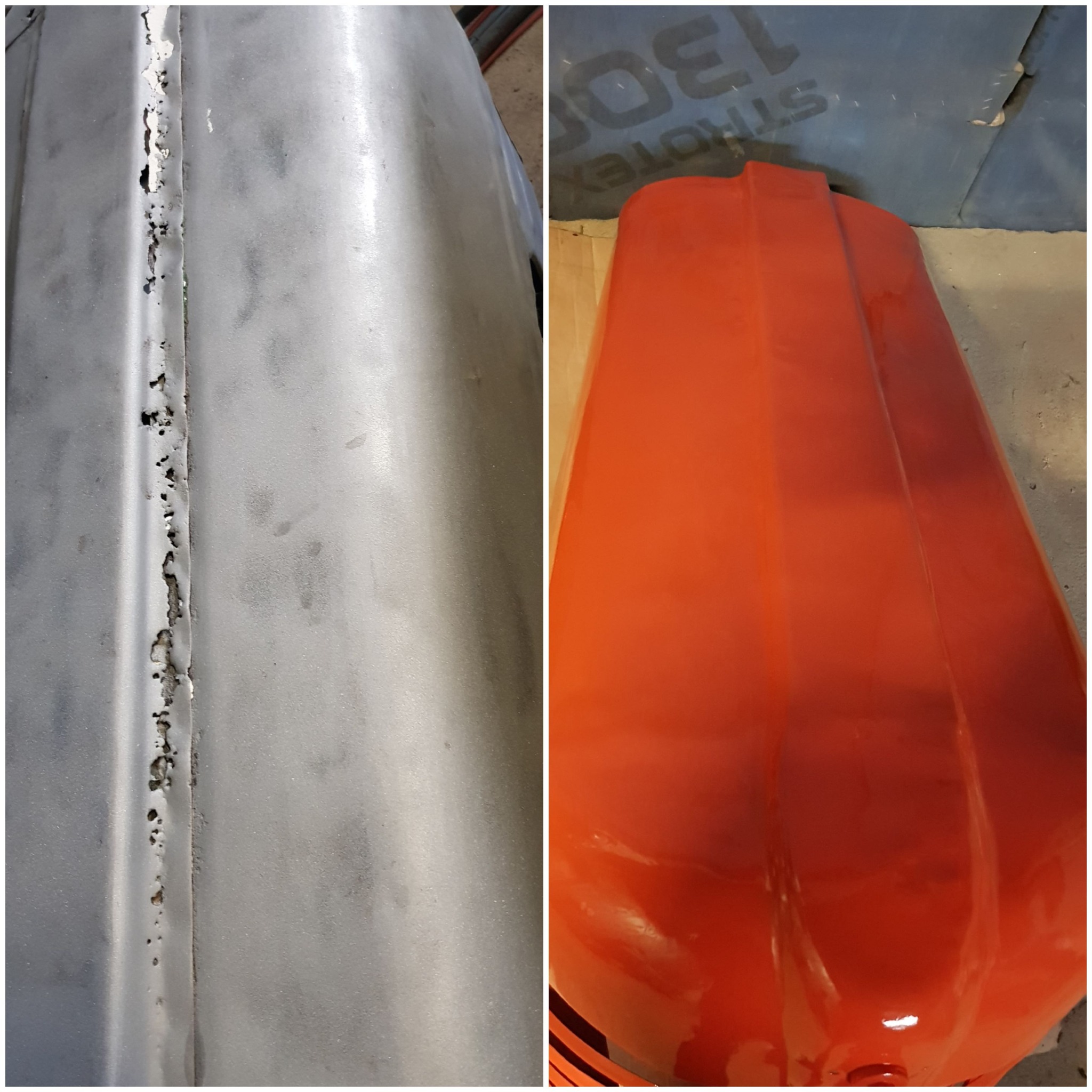 Porównanie: fragment karoserii samochodowej przed i po lakierowaniu na intensywny pomarańczowy kolor. Po lewej widoczne liczne ogniska korozji i ubytki.