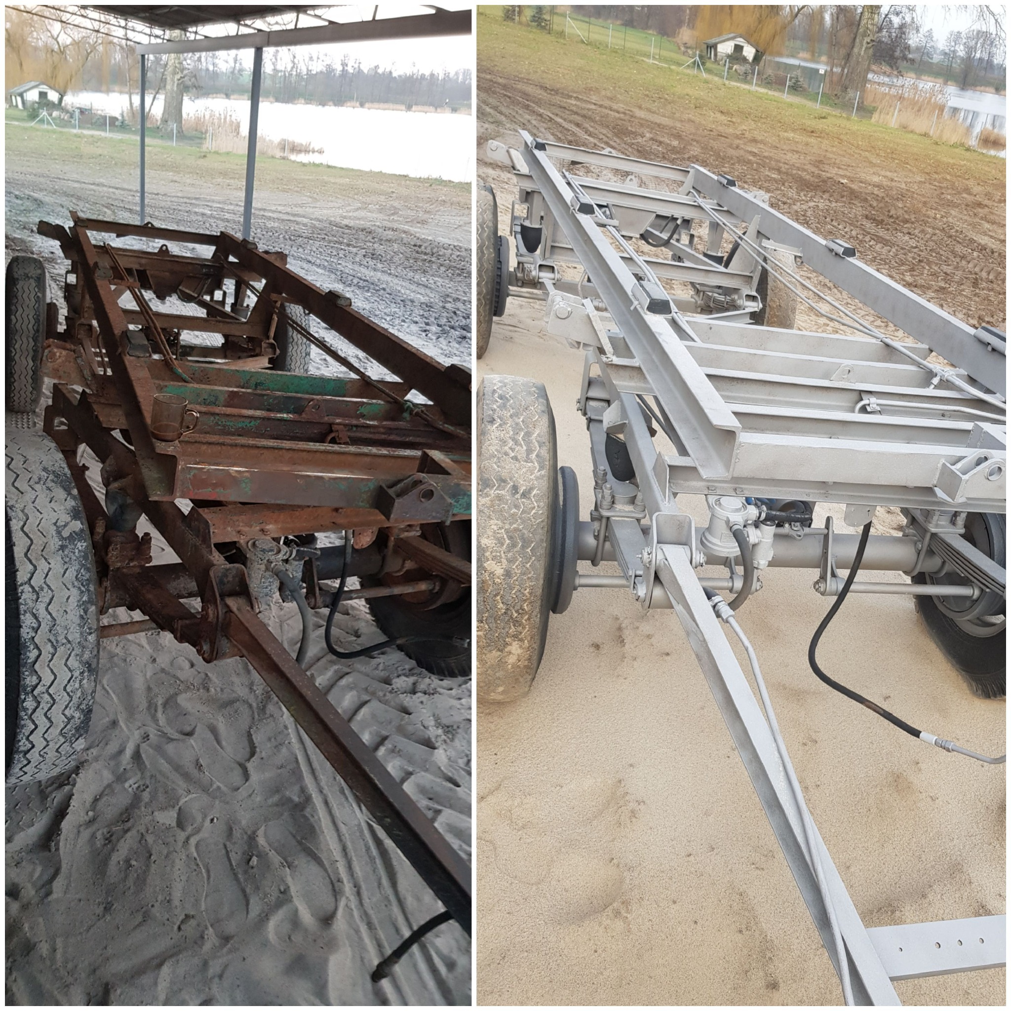 Porównanie stanu ramy przyczepy rolniczej: po lewej skorodowana i zardzewiała, po prawej odnowiona i pomalowana na szaro. Tło stanowi piaszczyste podłoże i krajobraz jeziora.