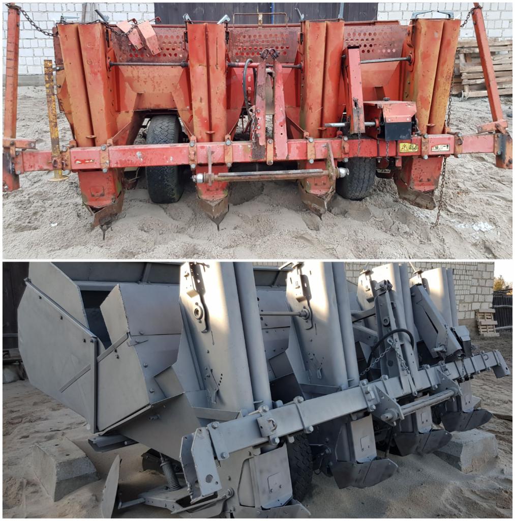 Dwa ujęcia maszyny rolniczej: górne przed renowacją z widocznymi rdzawymi śladami użytkowania, dolne po renowacji, pomalowane na szaro, z zachowaniem detali konstrukcyjnych.