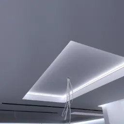 Sufit podwieszany z oświetleniem LED w kształcie prostokąta, widoczne kable wystające z otworu, szare ściany i sufit w tle.