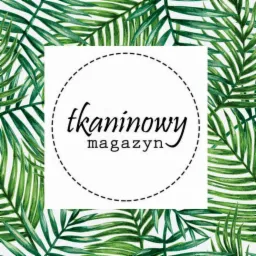 Grafika z napisem 'tkaninowy magazyn' na białym kwadracie otoczonym tropikalnymi liśćmi.