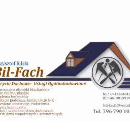Logo firmy Bil-Fach z grafiką przedstawiającą stylizowany dach i skrzyżowane narzędzia dekarskie, obok dane kontaktowe i zakres usług.