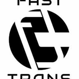 Czarno-białe logo firmy transportowej: okrąg z wpisanymi stylizowanymi literami tworzącymi napis 'FAST TRANS'. Minimalistyczny design, nowoczesny krój pisma.