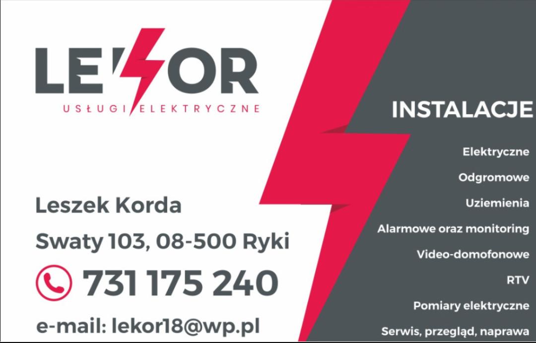 Wizytówka firmy Lektor oferującej usługi elektryczne i instalacyjne, z adresem, numerem telefonu i adresem e-mail. Logo firmy z motywem błyskawicy. Wymienione rodzaje instalacji: elektryczne...