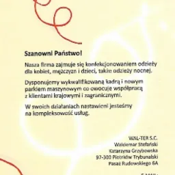 Reklama firmy odzieżowej Wal-Ter S.C. z adresem, numerami telefonów i adresem e-mail, z logo przedstawiającym nitkę tworzącą kształt serca.