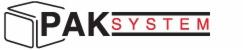Logo firmy PAK SYSTEM z graficznym symbolem sześcianu po lewej stronie i napisem w kolorze czarnym oraz czerwonym, umieszczone na białym tle.