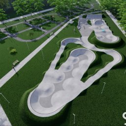 Progress Gliwice - Wizualizacja z lotu ptaka: miasteczko rowerowe z pumptrackiem i skateparkiem, ścieżki spacerowe, ławki, oświetlenie parkowe, zieleń. Projekt skatepark design.