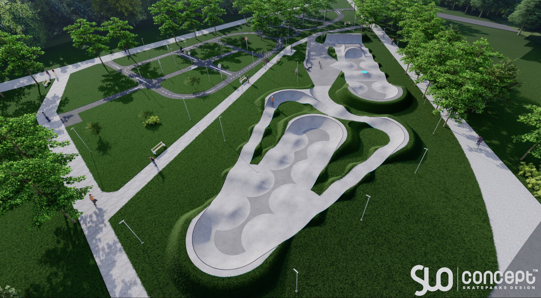 Wizualizacja z lotu ptaka: miasteczko rowerowe z pumptrackiem i skateparkiem, ścieżki spacerowe, ławki, oświetlenie parkowe, zieleń. Projekt skatepark design.