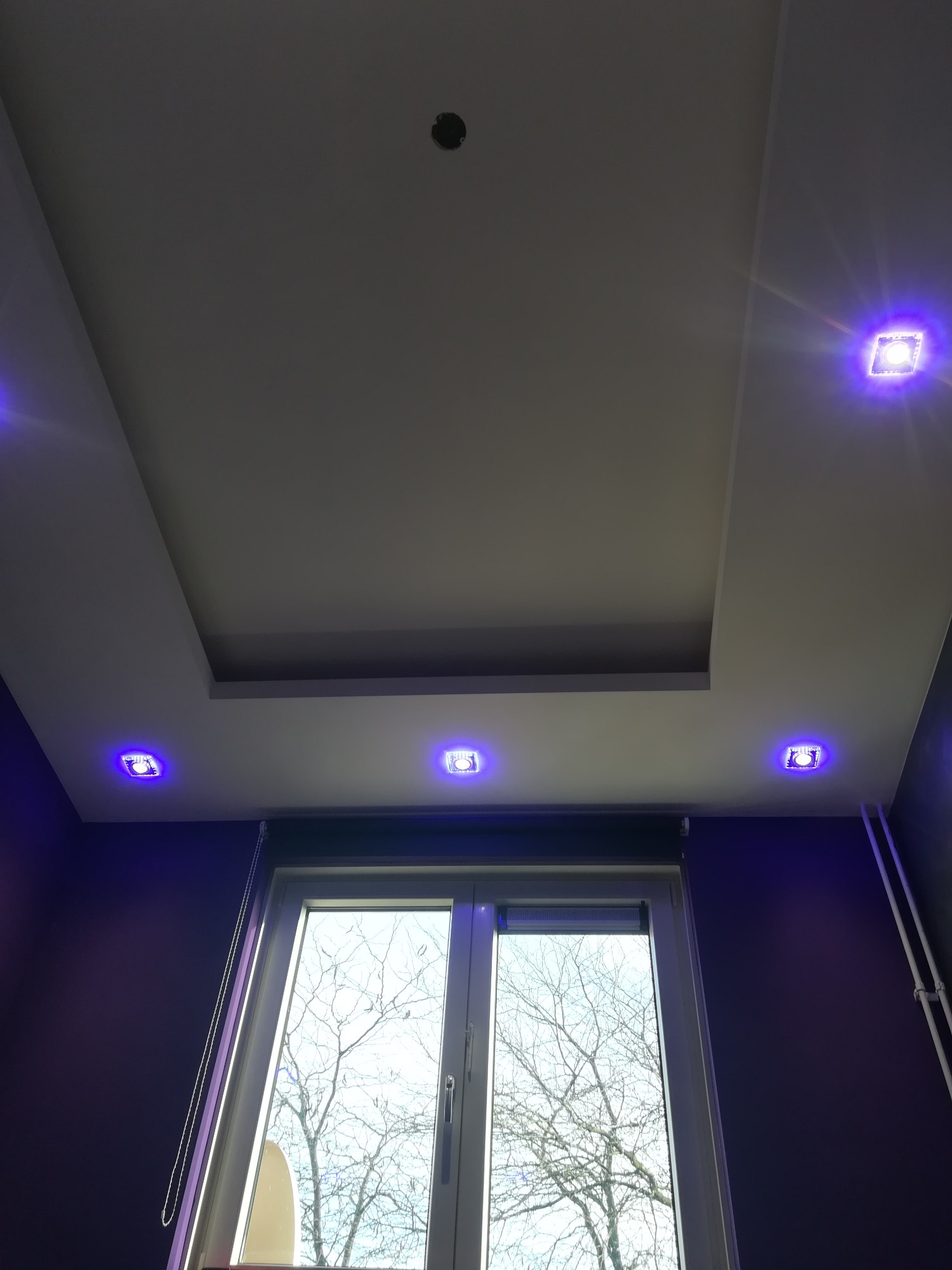 Sufit podwieszany z wbudowanymi, kwadratowymi lampami LED emitującymi niebieskie światło, widok z dołu na okno z zasłoniętą roletą i widocznym drzewem bez liści za szybą.