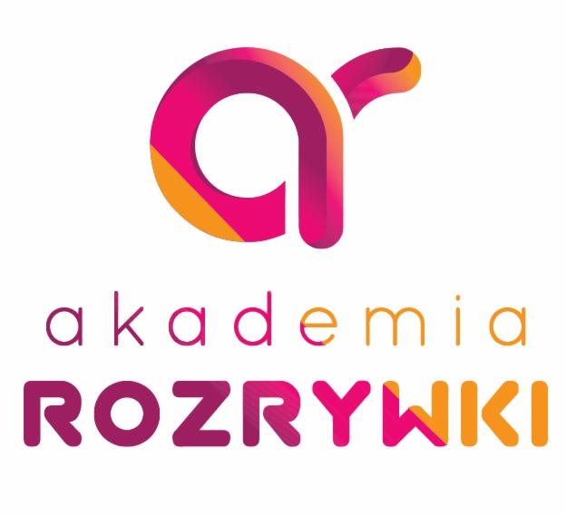 Kolorowe logo firmy 'Akademia Rozrywki' z gradientem od różu do pomarańczu, przedstawiające abstrakcyjny symbol graficzny powyżej nazwy.