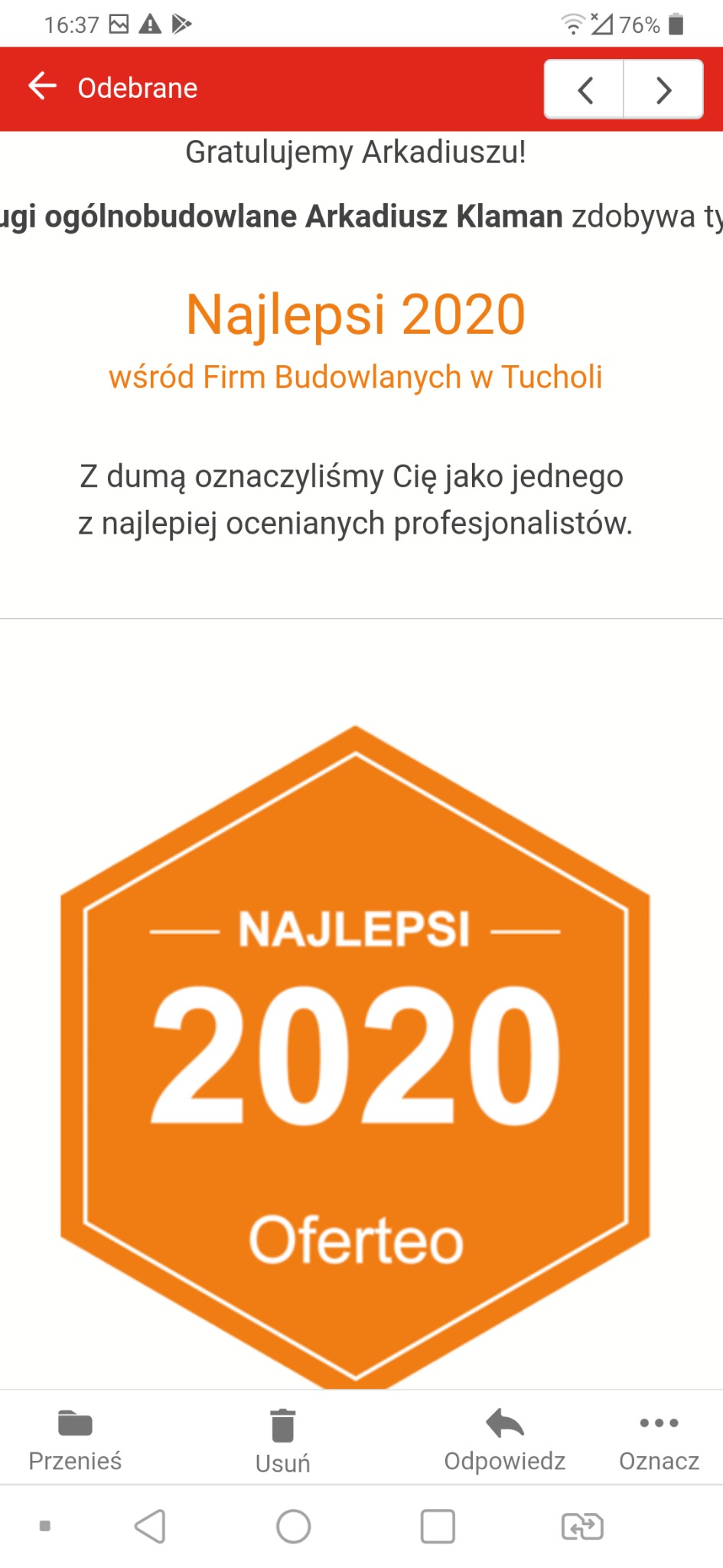 Nagroda Oferteo dla firmy budowlanej Arkadiusza Klamana, Najlepsi 2020 w Tucholi, pomarańczowa odznaka z napisem.
