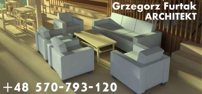 Wizualizacja 3D salonu w Lublinie z nowoczesnymi białymi meblami: sofa i fotele ustawione wokół drewnianego stolika kawowego. Na ścianie widoczny napis 'Grzegorz Furtak ARCHITEKT' oraz numer telefonu.