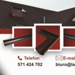 Reklama producenta pokryć dachowych i systemów rynnowych Mansard-Bis oraz dystrybutora Lakate Max System, prezentująca dachówkę na dachu domu oraz przekroje rynien, z informacjami o odporności...