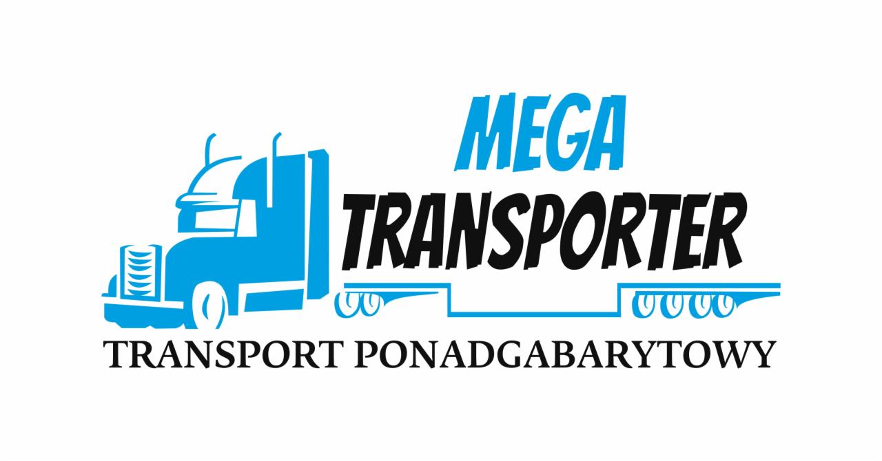 Niebiesko-czarne logo firmy transportowej z sylwetką ciężarówki i napisem MEGA TRANSPORTER, TRANSPORT PONADGABARYTOWY na białym tle.