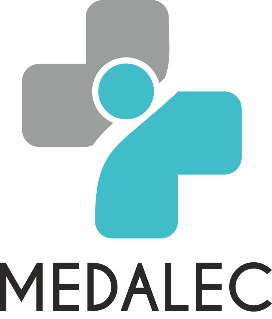Logo firmy MEDALEC z symbolem krzyża w kolorach szarym i błękitnym, z okrągłym elementem w centrum i nazwą firmy poniżej.