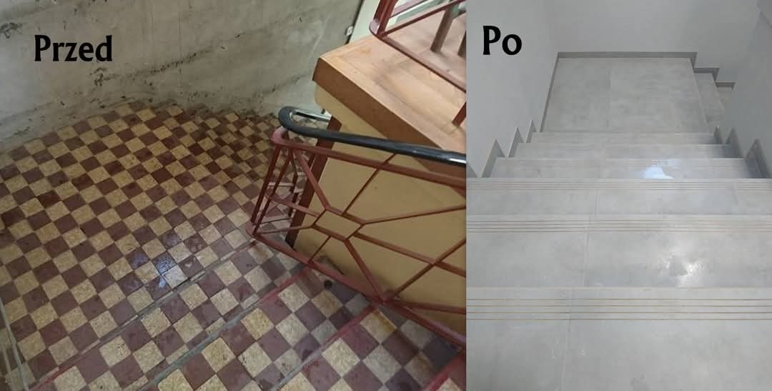 Schody przed i po renowacji: po lewej stronie widoczne stare, zniszczone płytki w szachownicę, po prawej odnowione schody wyłożone jasnymi, gładkimi płytkami z subtelnymi, poziomymi paskami...