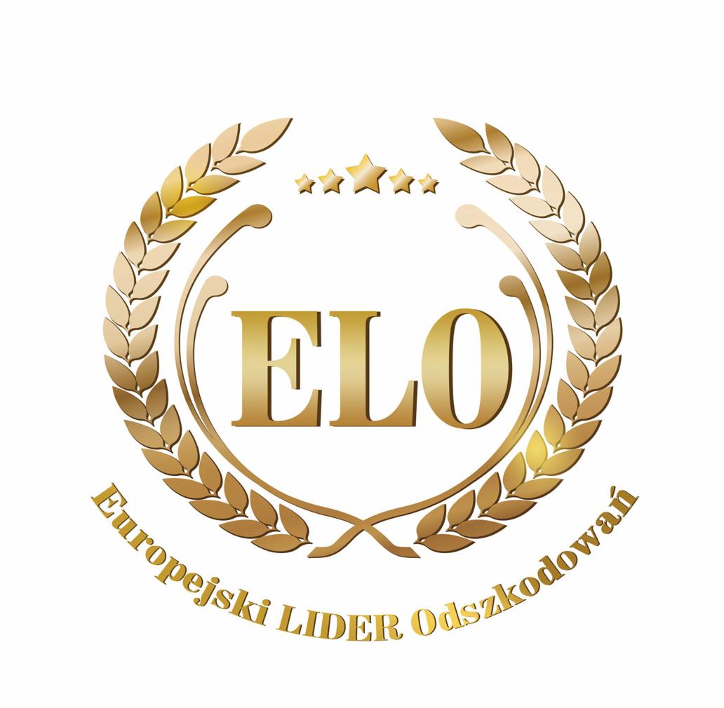 Złoty emblemat ELO, Europejski Lider Odszkodowań, otoczony wieńcem z liści i pięcioma gwiazdkami na białym tle.
