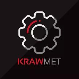 Logo firmy KRAWMET przedstawiające stylizowaną zębatkę z czerwonym elementem i nazwą firmy na czarnym tle.