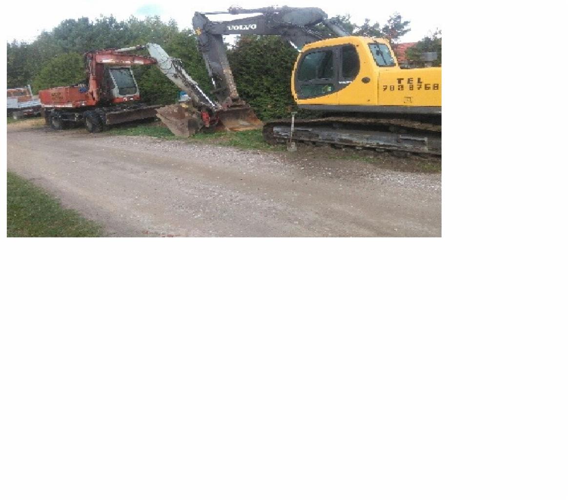 Dwa różne modele koparek: pomarańczowa i żółta, stojące obok siebie na żwirowej drodze, otoczone zielenią.