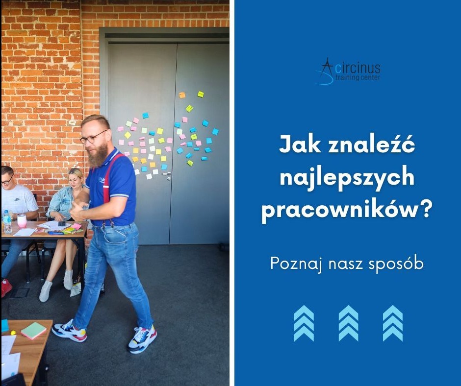Prelegent w ruchu podczas szkolenia z rekrutacji, uczestnicy przy stole, ściana z cegły i notatki. Grafika z pytaniem: Jak znaleźć najlepszych pracowników?