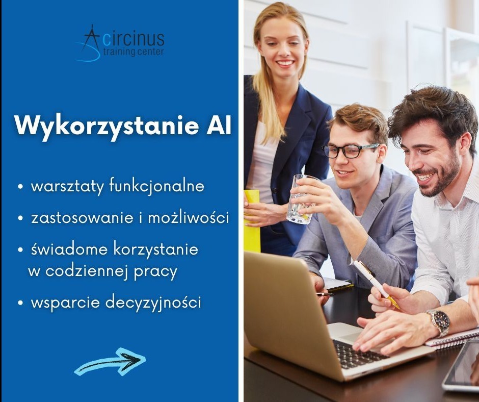 Warsztaty z wykorzystania AI: grupa osób pracuje przy laptopie, uśmiechnięta kobieta obserwuje, na stole notatniki i długopisy. Szkolenie z AI w biznesie.