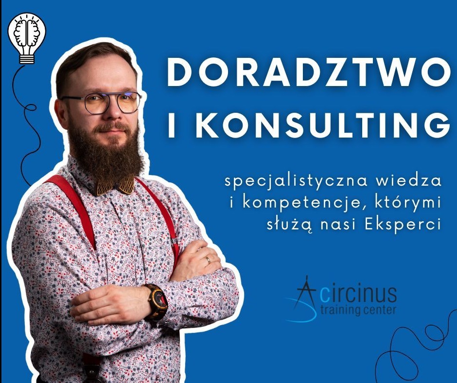 Doradztwo i konsulting w Siekierkach Wielkich. Ekspert z brodą i w okularach prezentuje specjalistyczną wiedzę i kompetencje. Logo firmy Circinus training center.