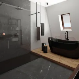 Nowoczesna łazienka z czarną wanną wolnostojącą na drewnianym podeście, szklaną kabiną prysznicową wykończoną marmurowymi płytami oraz oknem dachowym.