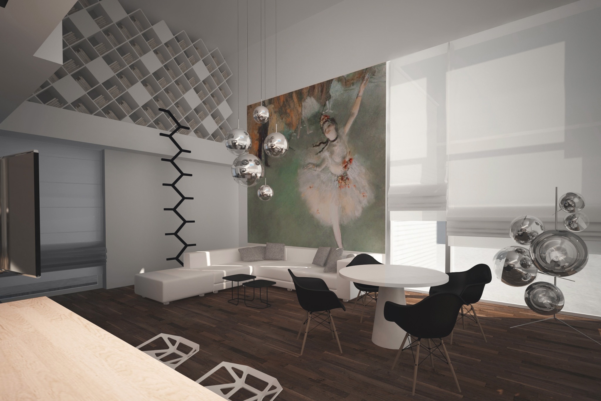 Wnętrze salonu z białym narożnikiem, okrągłym stołem z czarnymi krzesłami, dekoracyjną biblioteczką pod sufitem, obrazem baleriny i lampami w kształcie kul.