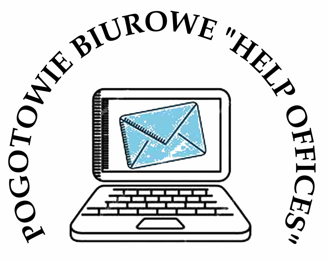 Graficzne logo firmy 'POGOTOWIE BIUROWE 'HELP OFFICES'' przedstawiające stylizowany laptop z ikoną niebieskiej koperty na ekranie.