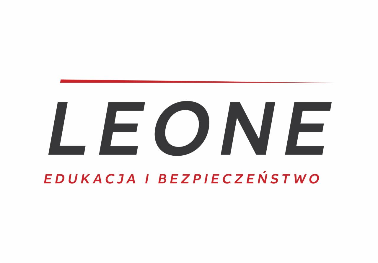 Logo firmy LEONE z napisem EDUKACJA I BEZPIECZEŃSTWO w kolorze czerwonym pod nazwą firmy.