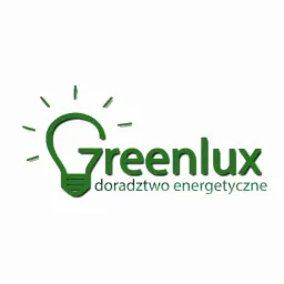 Zielone logo firmy Greenlux z grafiką żarówki i napisem 'doradztwo energetyczne'.