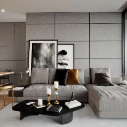 Nowoczesny salon z szarymi ścianami w kwadraty, narożną sofą, czarnym stolikiem kawowym z dekoracjami, drewnianym stołem z czarnymi krzesłami w tle oraz czarno-białymi obrazami na ścianie.