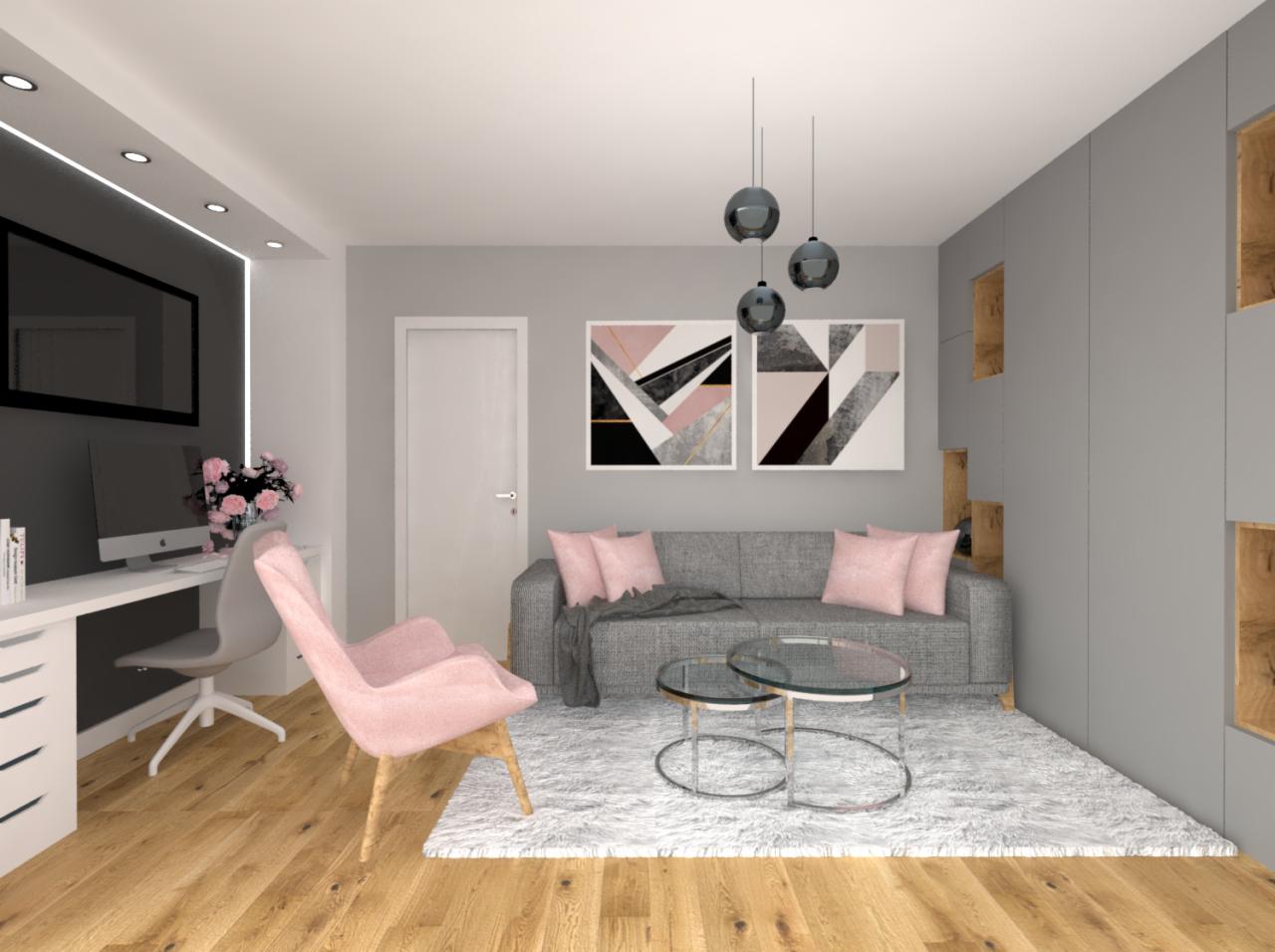 Wizualizacja pokoju dziennego z biurkiem, szarą sofą z różowymi poduszkami, okrągłymi stolikami kawowymi i różowym fotelem na drewnianej podłodze