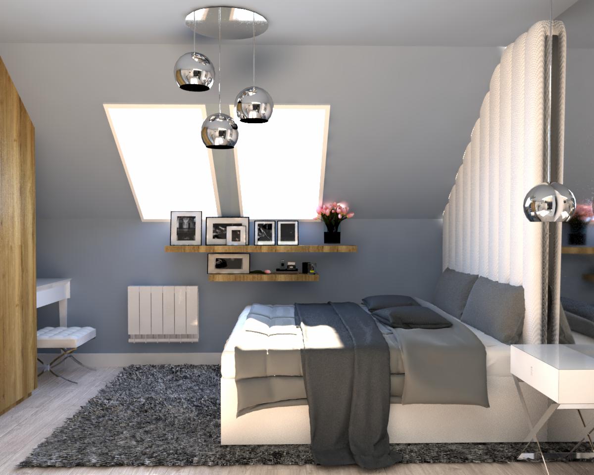 Sypialnia na poddaszu z szarą kolorystyką, białą tapicerowaną ścianą za łóżkiem, srebrnymi lampami wiszącymi i drewnianymi półkami z dekoracjami, dywanem shaggy i grzejnikiem na ścianie.