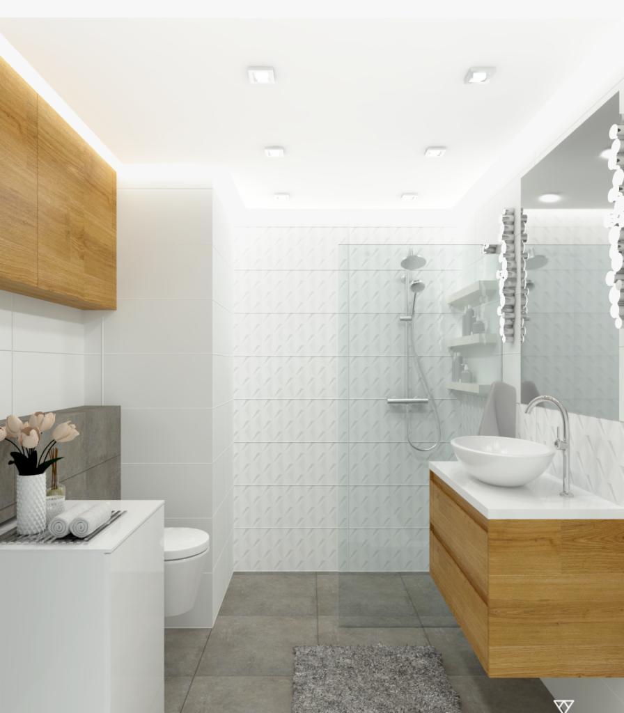 Wizualizacja nowoczesnej łazienki z kabiną prysznicową typu walk-in, drewnianą szafką pod umywalką nablatową, białymi płytkami z subtelnym wzorem i szarą podłogą z dywanikiem.