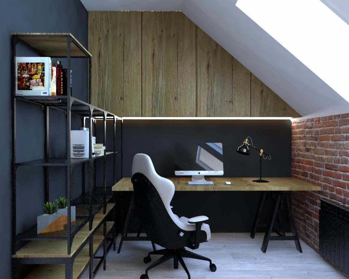 Biuro w pokoju na poddaszu: drewniane panele ścienne, biurko z blatem z jasnego drewna na czarnych kozłach, ergonomiczne krzesło biurowe, czarny regał z drewnianymi półkami, komputer stacjonarny...