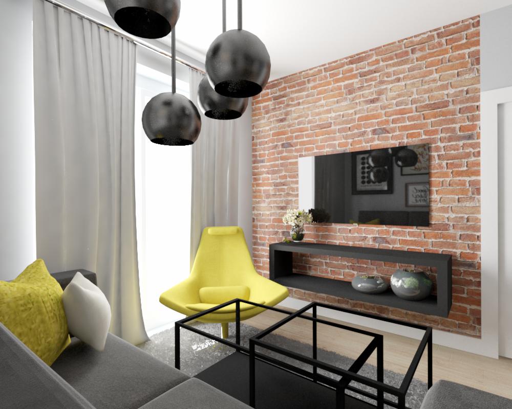Salon z ceglaną ścianą, żółtym fotelem i geometrycznymi lampami wiszącymi, podkreślony przez szarą sofę i stolik kawowy o czarnych ramach.