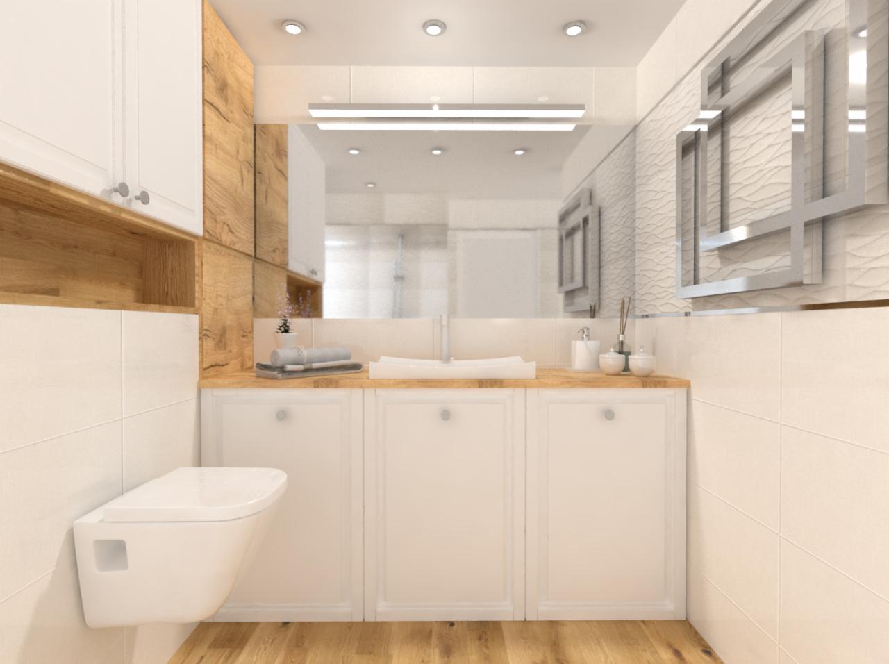 Nowoczesna łazienka z wiszącą toaletą, szafkami pod umywalką w stylu retro i dużym lustrem z oświetleniem LED, drewniane akcenty i dekoracyjna ściana z falistym wzorem.