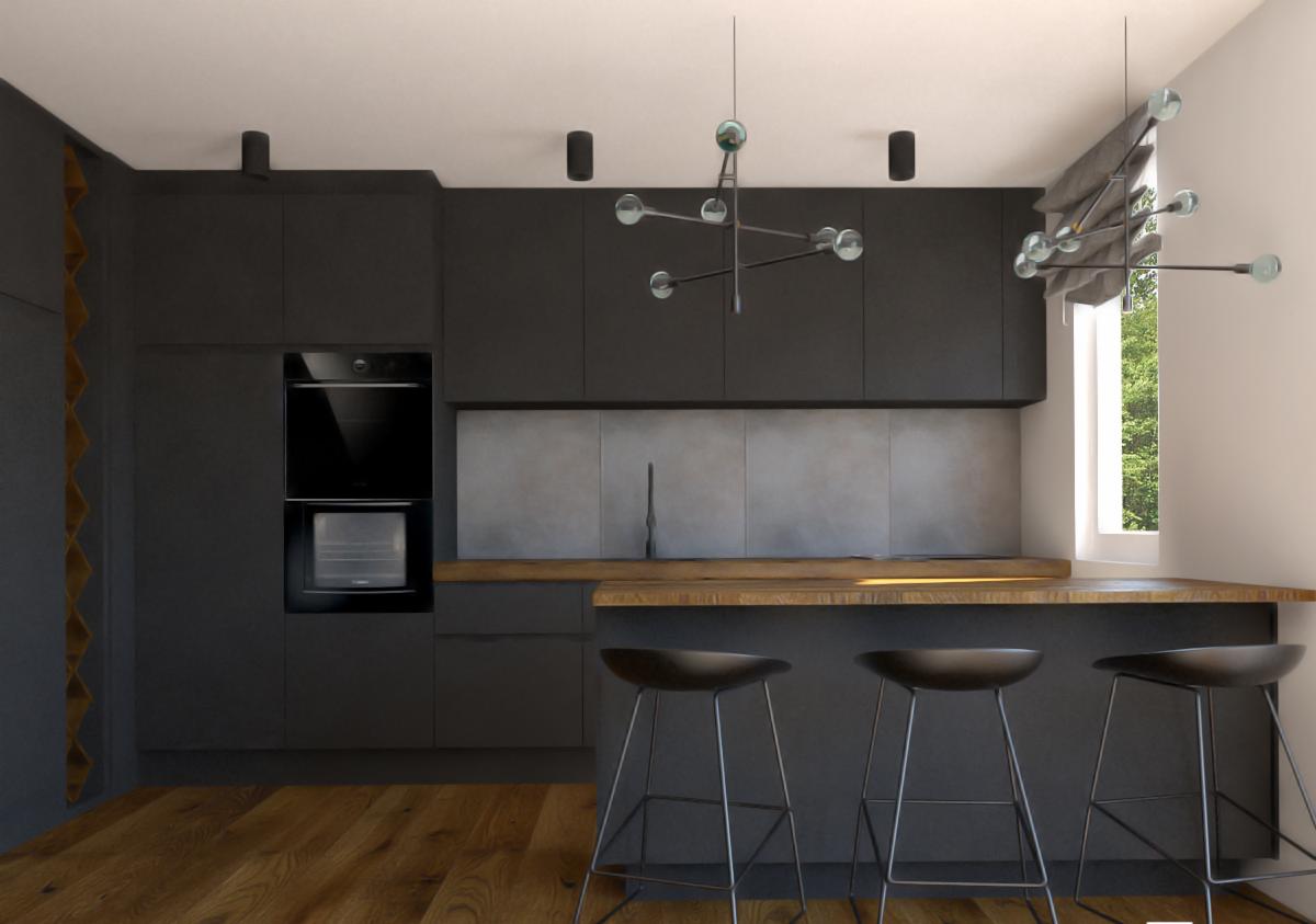 Czarna kuchnia z drewnianym blatem, trzema hokerami i nowoczesnym oświetleniem wiszącym na tle okna z widokiem na zieleń.