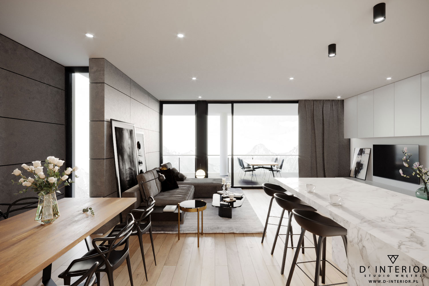 Nowoczesne wnętrze apartamentu z widokiem na góry: drewniany stół z bukietem białych róż, szara sofa, marmurowy blat kuchenny z czarnymi hokerami, duże okna z zasłonami.