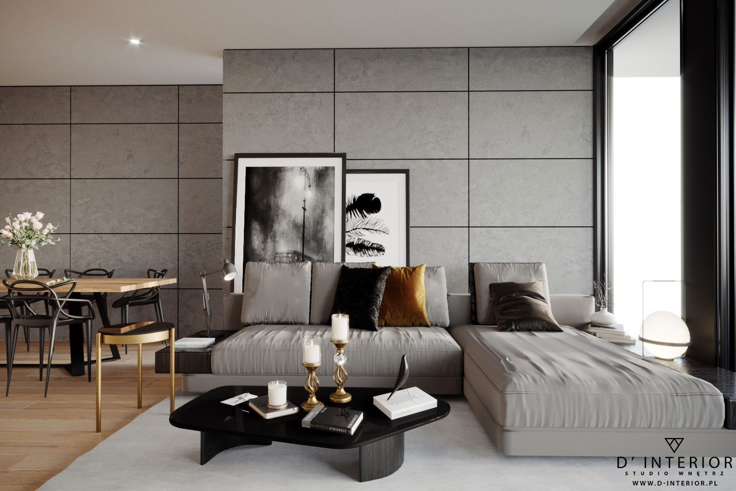 Nowoczesny salon z szarymi ścianami w kwadraty, narożną sofą, czarnym stolikiem kawowym z dekoracjami, drewnianym stołem z czarnymi krzesłami w tle oraz czarno-białymi obrazami na ścianie.