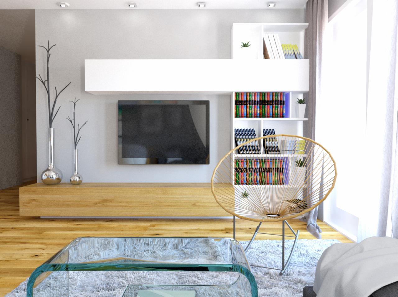 Nowoczesny salon z telewizorem, białymi półkami na książki, szklanym stolikiem kawowym i designerskim fotelem z wikliny na tle jasnej podłogi i białych ścian.