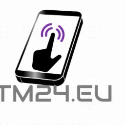 Stylizowany smartfon z ikoną dotyku i adresem strony internetowej STM24.EU na białym tle.