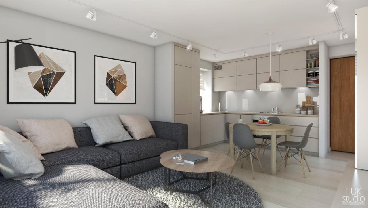 Salon z aneksem kuchennym w neutralnych barwach; szary narożnik z poduszkami, okrągły stolik kawowy, dywan shaggy, na ścianie geometryczne obrazy w czarnych ramach, jasna zabudowa kuchenna...