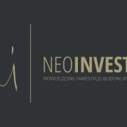 Logo firmy NeoInvest z hasłem 'Nowoczesne Inwestycje Budowlane' na ciemnoszarym tle, z elementami graficznymi w kolorze złotym.