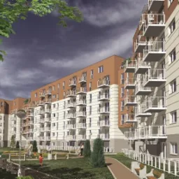 Wizualizacja zewnętrzna nowoczesnego budynku wielorodzinnego z balkonami, plac zabaw na pierwszym planie, pochmurne niebo w tle.