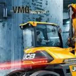 Ż&oacute;łta koparka JCB z operatorem w kabinie, prezentowana na tle betonowej konstrukcji z efektem świetlnym, z widocznym logo firmy VMG.
